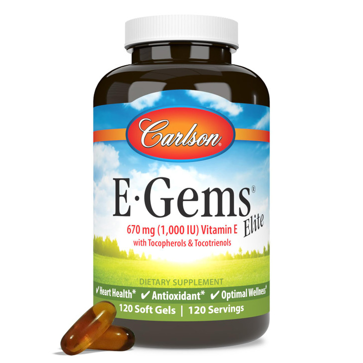 Carlson - E-Gems Elite, 1000 IU Vitamin E with Tocopherols & Tocotrienols, Heart Health & Optimal Wellness, Antioxidant, 120 soft gels