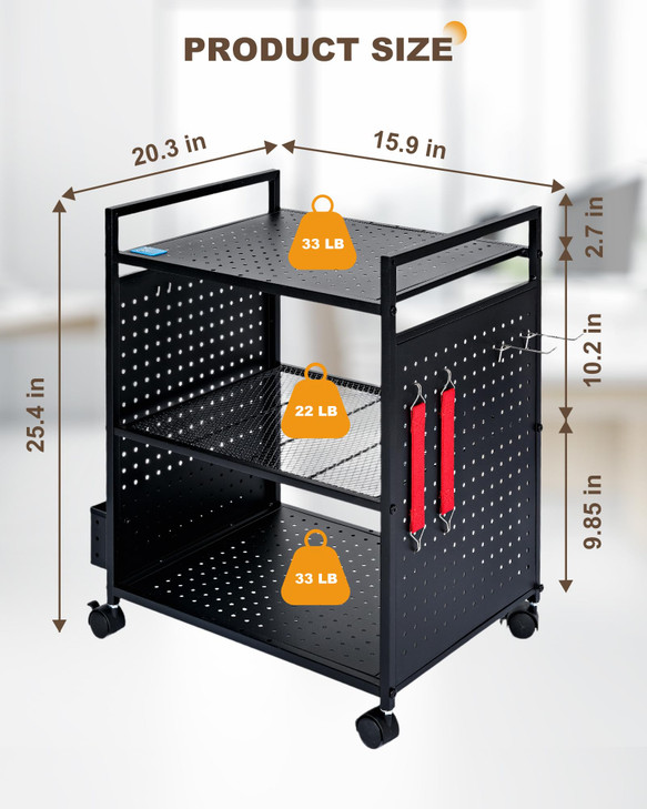 Mythinglogic 3-Tier Printer Stand, Metal Office Organizer with DIY Panels, Adjustable Height Rolling Printer Cart Holder with Lockable Wheels for Off