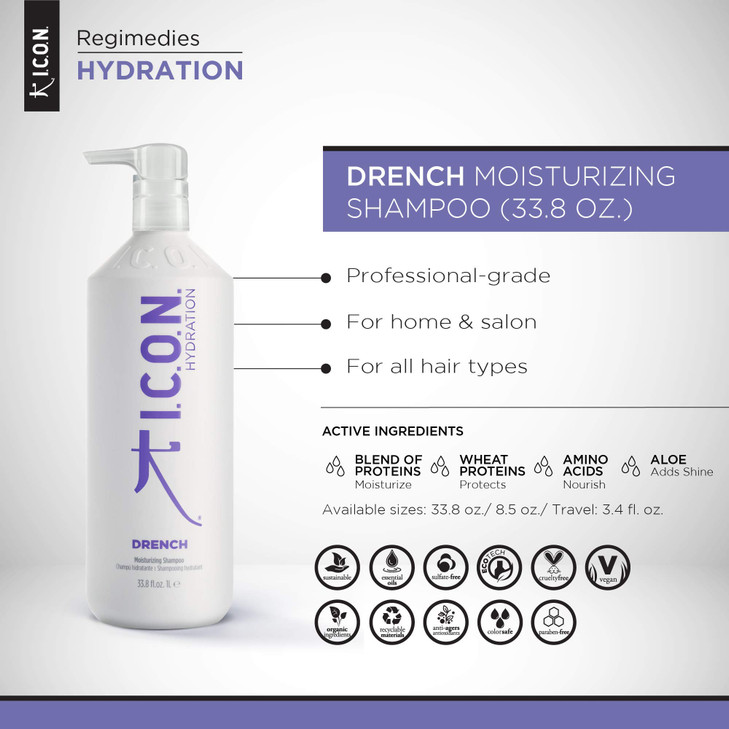 I.C.O.N. Drench Moisturizing Shampoo, Salon-Quality Hair Care, 33.8-Ounce Bottle