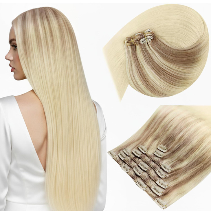Sunny Hair Clip in Hair Extensions Real Human Hair 120g Remy Hair Clip in Extensions for Women Human Hair Extensions Ombre Nordic Blonde Balayage 18