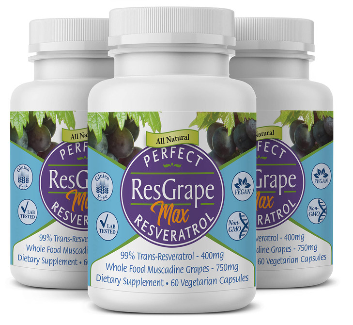 Perfect ResGrape Max, 60 vegetable capsules per bottle(Pack of 3) ~ 99% Trans-Resveratrol & Muscadine Grape ~ Anti-Aging Supplement & Potent Antioxid