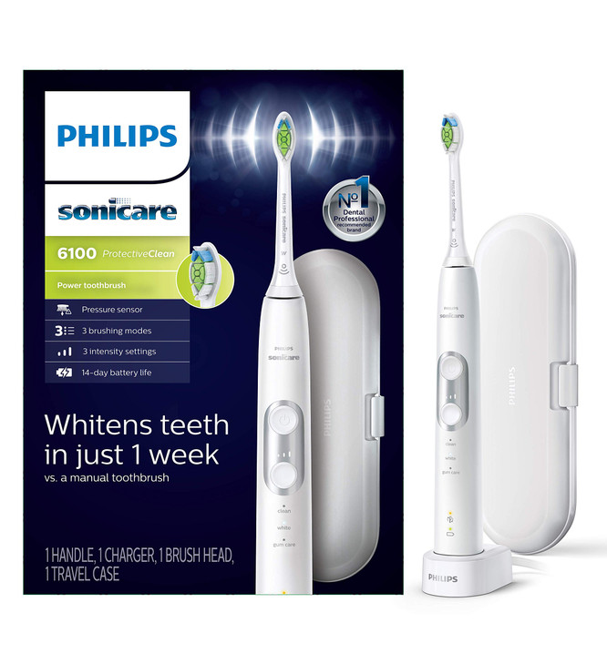PHILIPS Sonicare ProtectiveClean 6100 Rechargeable Electric Toothbrush, with Pressure Sensor, 3 Cleaning Modes, SmarTimer and QuadPacer, 14-Day Batte