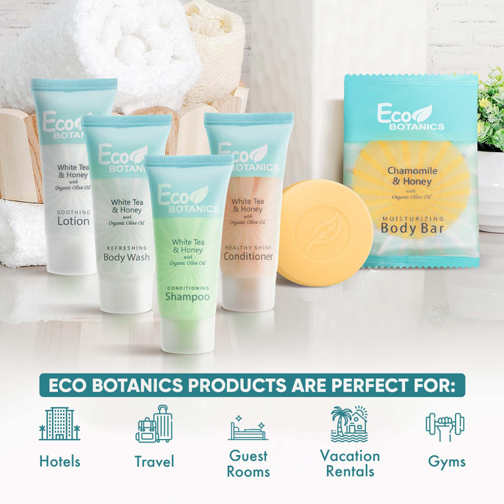 Travel Size Hotel Toiletry Set 150 Count 0.85 oz Bottles Guest Amenities for Vacation Rentals and Short Term Rentals Paraben Free White Tea Scent Inf