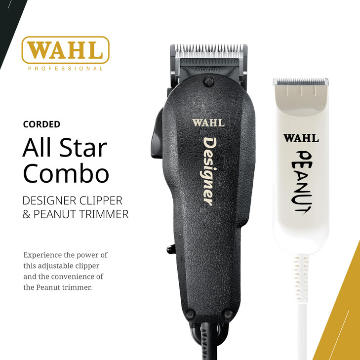 Wahl Professional All Star Combo, Corded Designer Clipper & Peanut Trimmer Set, Adjustable Taper Lever, Complete Kit