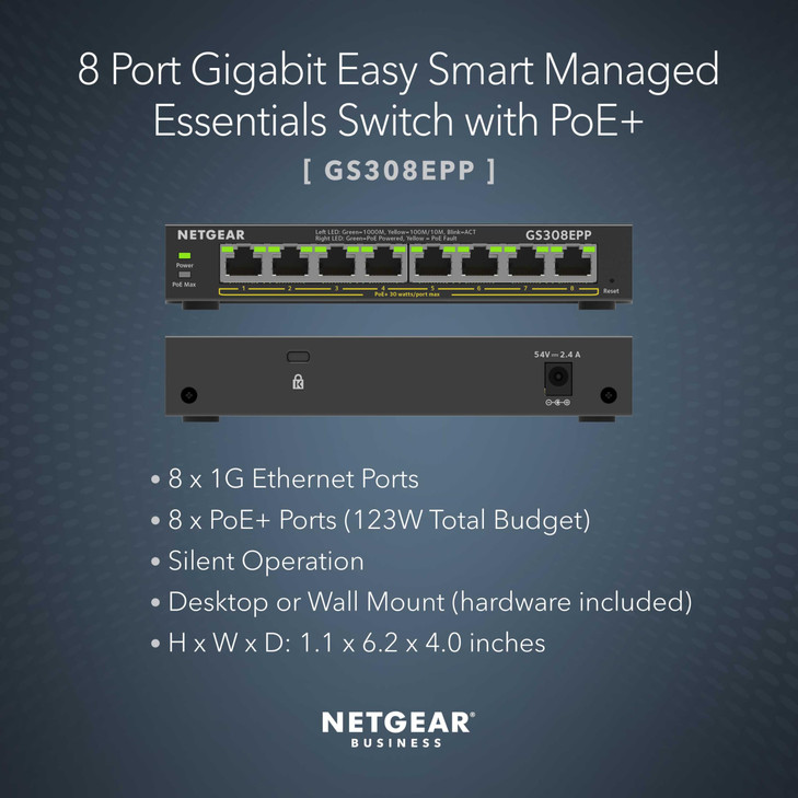 NETGEAR 8 Port PoE Gigabit Ethernet Easy Smart Managed Essentials Switch (GS308EPP) - with 8 x PoE+ @ 123W, Desktop or Wall Mount