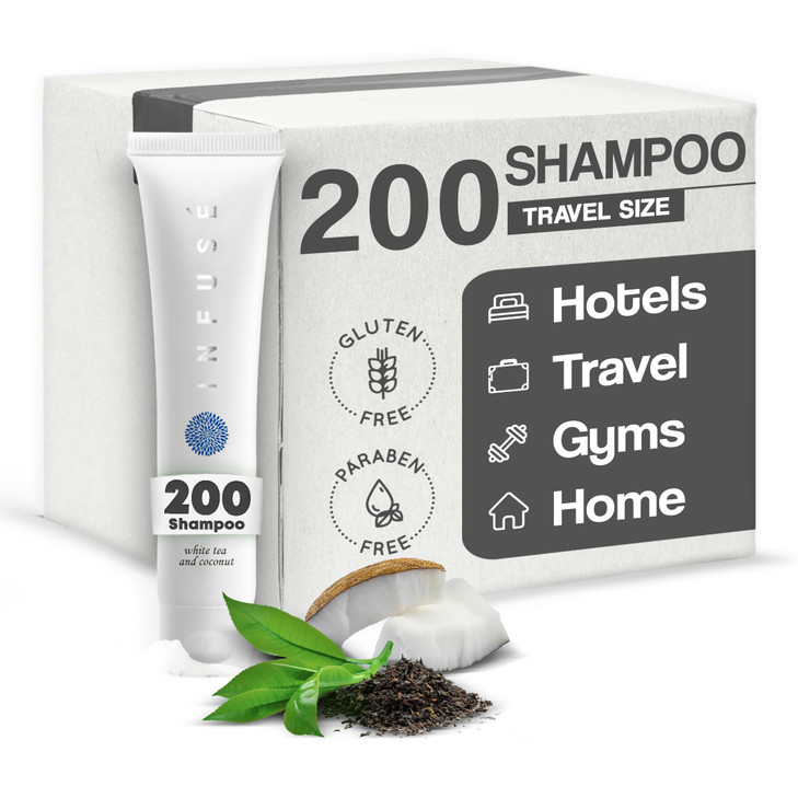 Travel Size Hotel Shampoo 200 Count 1 oz Bottles Guest Amenities for Hotels Vacation Rentals and Short Term Rentals Paraben Free White Tea and Coconu