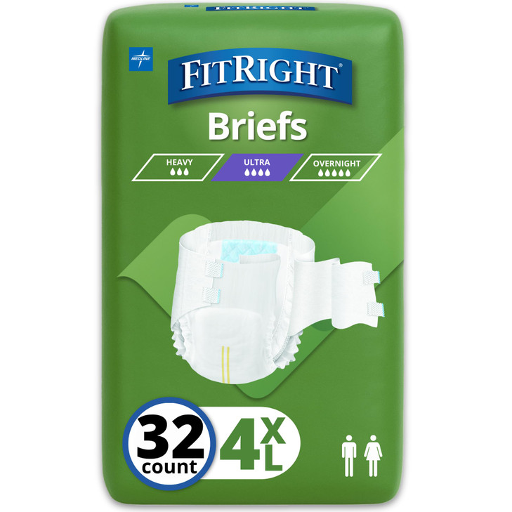 Medline FitRight Incontinence Diapers, Specialty Size Adult Diapers, For Men And Women, Maximum Protection, Waist Size 65"94", 4XL, 8 briefs per bag