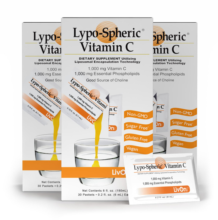 LivOn Laboratories LypoSpheric Vitamin C  3 Cartons (90 Packets)  1,000 mg Vitamin C & 1,000 mg Essential Phospholipids Per Packet  Liposome Enca