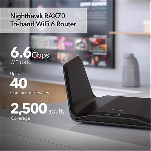 NETGEAR Nighthawk 8-Stream WiFi 6 Router (RAX70) - Security Features, AX6600 Tri-Band Wireless Speed (up to 6.6 Gbps) - Coverage up to 2,500 sq. ft.,