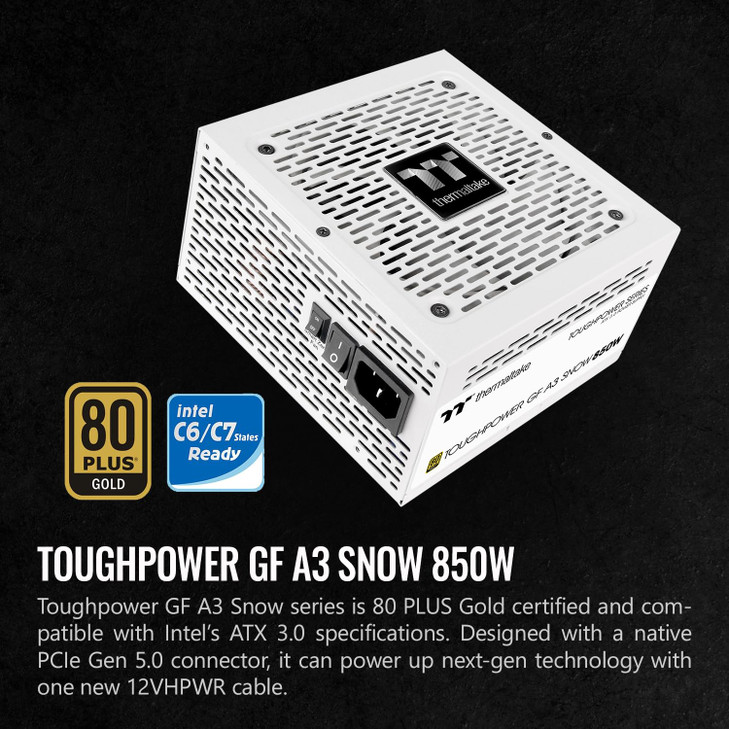 Thermaltake Toughpower GF A3 Snow Edition 850W 80+ Gold Full Modular SLI/Crossfire Ready ATX 3.0 Power Supply; PCIe Gen.5 450W 12VHPWR Connector Incl