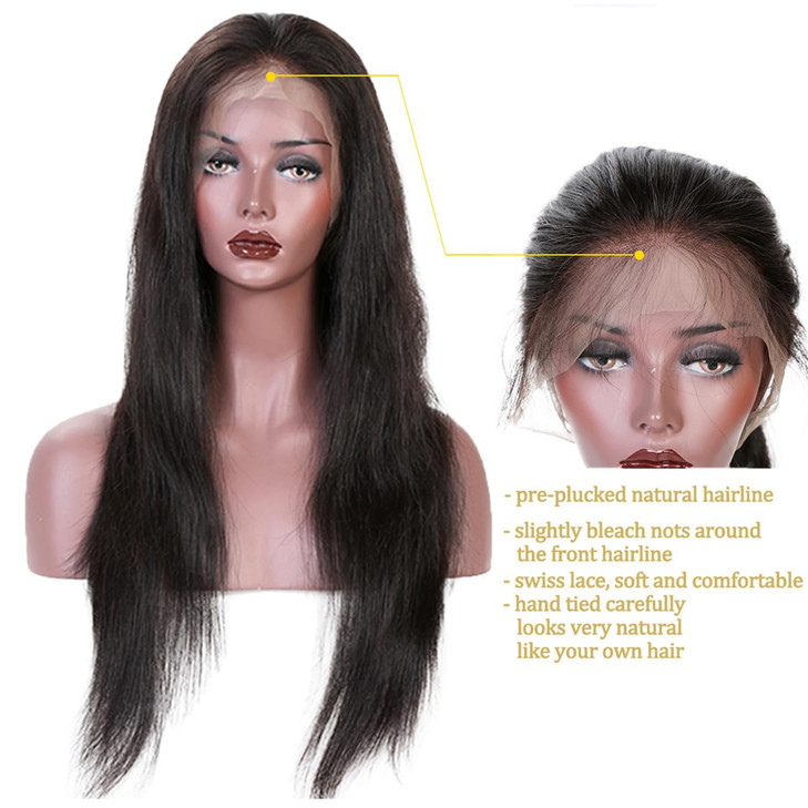 KUN 360 Lace Wigs Natural Straight Brazilian Virgin Human Hair Wigs with Pre Plucked Natural Hairline, Slightly Bleached Knots 150% Density Wigs with