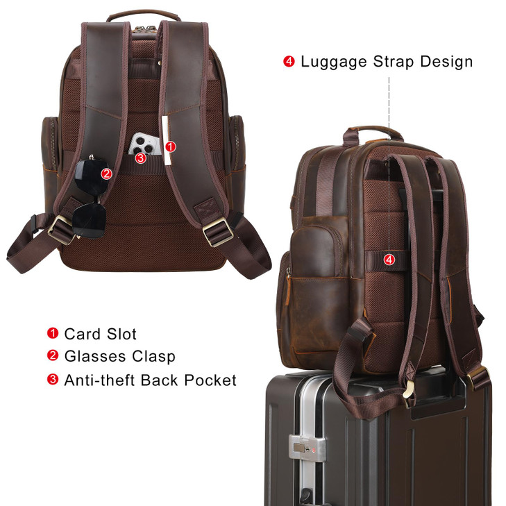 TIDING Full Grain Leather Backpack for Men 15.6 Inch Laptop Bag Large Capacity Business Travel Hiking Shoulder Daypacks