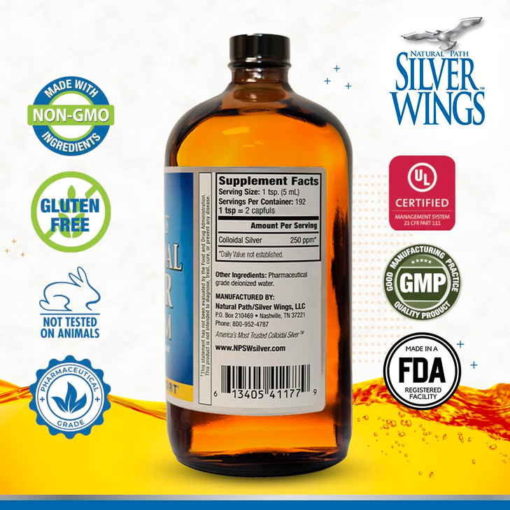Natural Path Silver Wings Colloidal Silver Liquid - Enhanced Immune Support Supplement - 250ppm (1250mcg) - 32oz