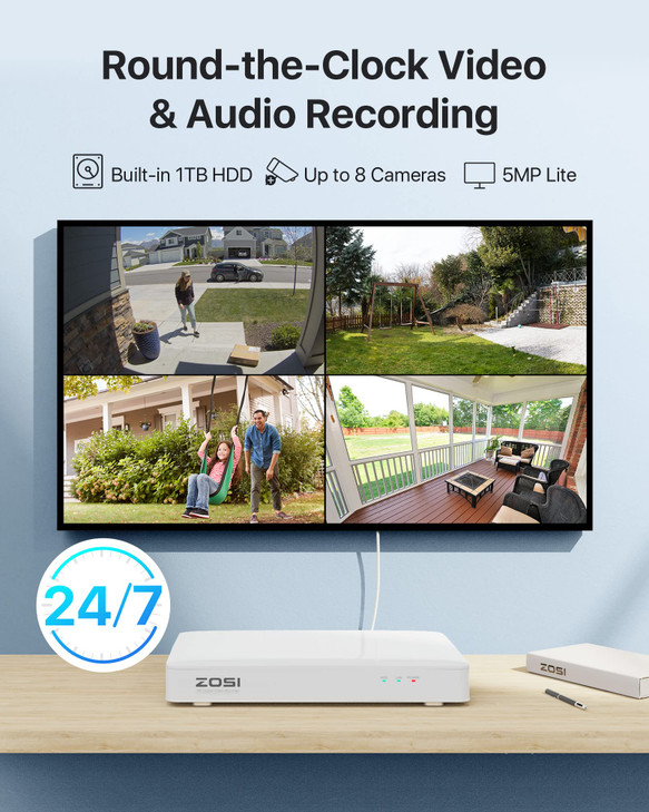 ZOSI H.265+ 3K Lite 8 Channel Security DVR Recorder with 1TB HDD,8CH Hybrid 4-in-1 CCTV DVR for 960H 720P 1080P Home Surveillance Camera System,Perso