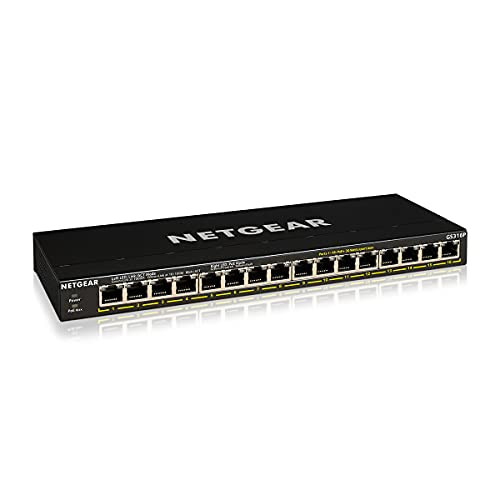 NETGEAR 16-Port PoE+ Gigabit Ethernet Unmanaged Essentials Switch (GS316P) - with 16 x PoE+ @ 115W, Desktop or Wall Mount