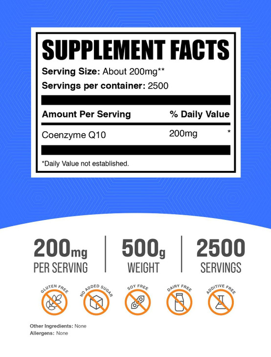 BulkSupplements.com Coenzyme Q10 Powder - Coenzyme Q10 200mg Supplement, Nutritional Supplement - Gluten Free, 200mg per Serving, 500g (1.1 lbs) (Pac