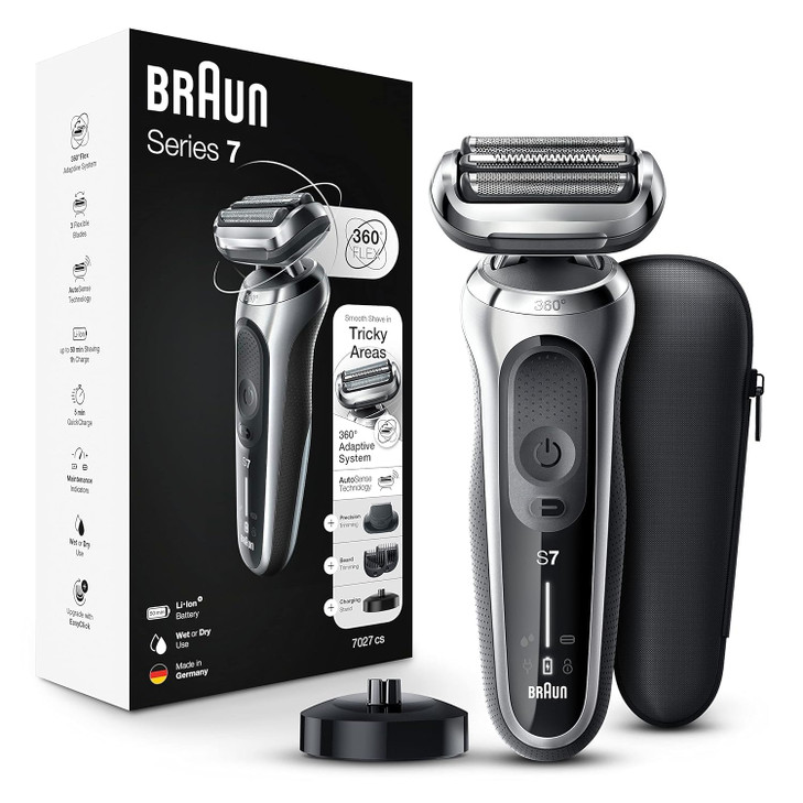Braun Electric Razor for Men, Waterproof Foil Shaver, Series 7 7027cs, Wet & Dry Shave, with Beard Trimmer, Rechargeable, Charging Stand and Travel C