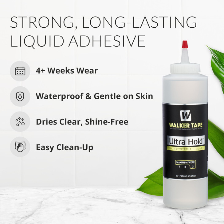 Walker Tape Ultra Hold Brush-On Adhesive 16 oz, Waterproof Wig Glue for Lace Systems and Tape in Hair Extensions Human Hair, Strong Clear-Drying Liqu