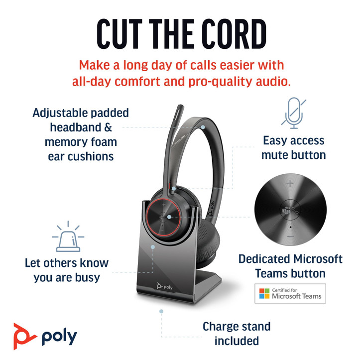 Poly Voyager 4320 UC Wireless Headset & Charge Stand - Noise-Canceling Wireless Headphones with Mic - Connect to PC via USB-C to USB-A Adapter, Cell