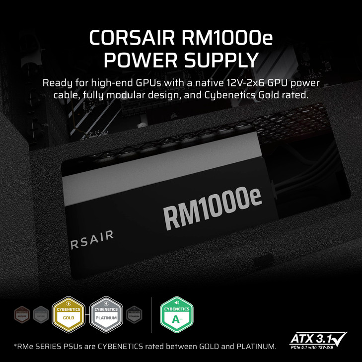 CORSAIR RM1000e (2025) Fully Modular Low-Noise ATX Power Supply with 12V-2x6 Cable  ATX 3.1 & PCIe 5.1 Compliant, Cybenetics Gold Efficiency, 105°C-