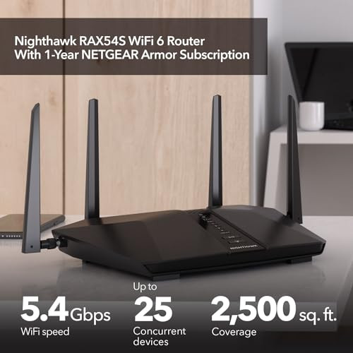 NETGEAR Nighthawk 6-Stream Dual-Band WiFi 6 Router (RAX54S)  Security Features, AX5400 Wireless Speed, Up to 5.4 Gbps, Covers up to 2,500 sq. ft., 2