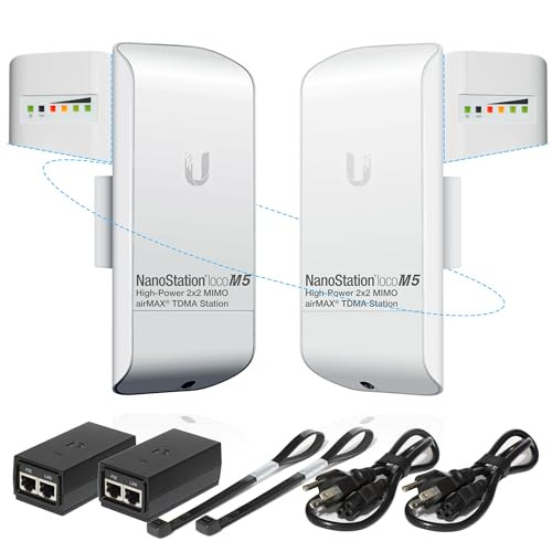 Wireless Bridge Ubiquiti LOCOM5 PRE-CONFIGURED, Bundle of 2 Ubiquiti Nanostation LOCO M5, Point to Point Outdoor WiFi Bridge, Plugh and Play, 5GHz, 1