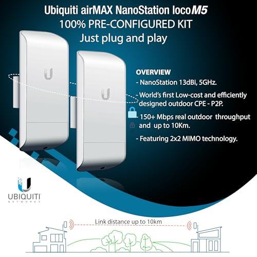 Wireless Bridge Ubiquiti LOCOM5 PRE-CONFIGURED, Bundle of 2 Ubiquiti Nanostation LOCO M5, Point to Point Outdoor WiFi Bridge, Plugh and Play, 5GHz, 1