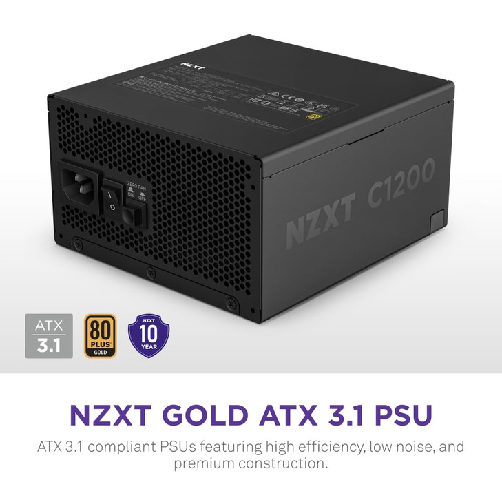 NZXT C1200 Gold ATX 3.1 - Fully Modular Low-Noise PC Gaming Power Supply - 1200 Watts - 80 Plus Gold - 12V-2x6 Connector - Zero Fan Mode - 100% Japan