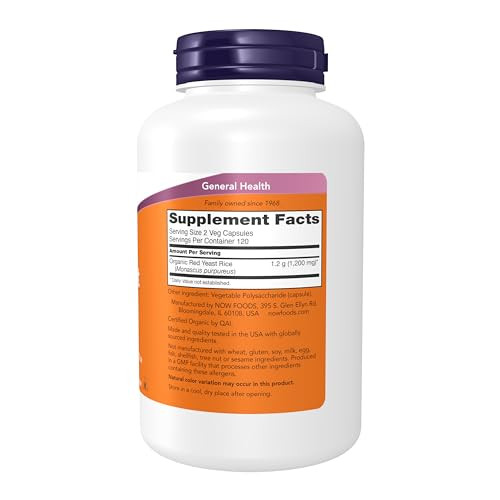 NOW Supplements, Red Yeast Rice 600 mg, Made with Organic Red Yeast Rice, 240 Veg Capsules