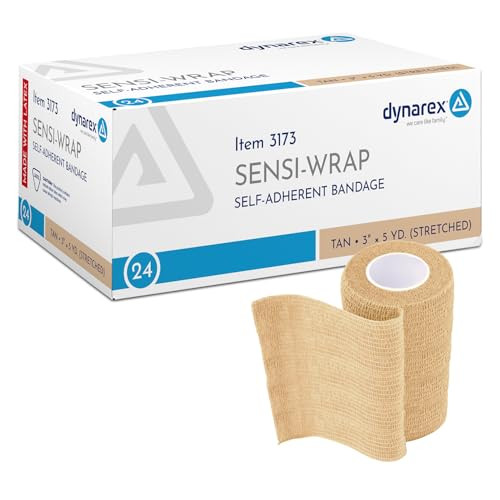 Dynarex Sensi-Wrap Self-Adhesive Bandages, 24-Pack, 3" x 5 Yards, Tan, Latex, Colored Elastic Cohesive Athletic Tape, Tattoo Grip & Vet Wrap