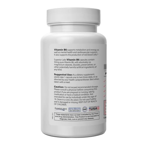 Superior Labs Vitamin B6 50mg, Pure Non-GMO Supplement, High Absorption, Supports Immune & Nervous System, Brain Function, Metabolism & Heart Health,