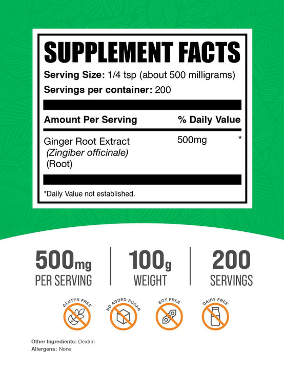 BulkSupplements.com Ginger Root Extract Powder - Ginger Supplement, Ginger Root Powder - Herbal Supplement, Gluten Free, 500mg per Serving, 250g (8.8