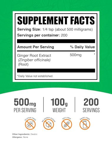 BulkSupplements.com Ginger Root Extract Powder - Ginger Supplement, Ginger Root Powder - Herbal Supplement, Gluten Free, 500mg per Serving, 500g (1.1