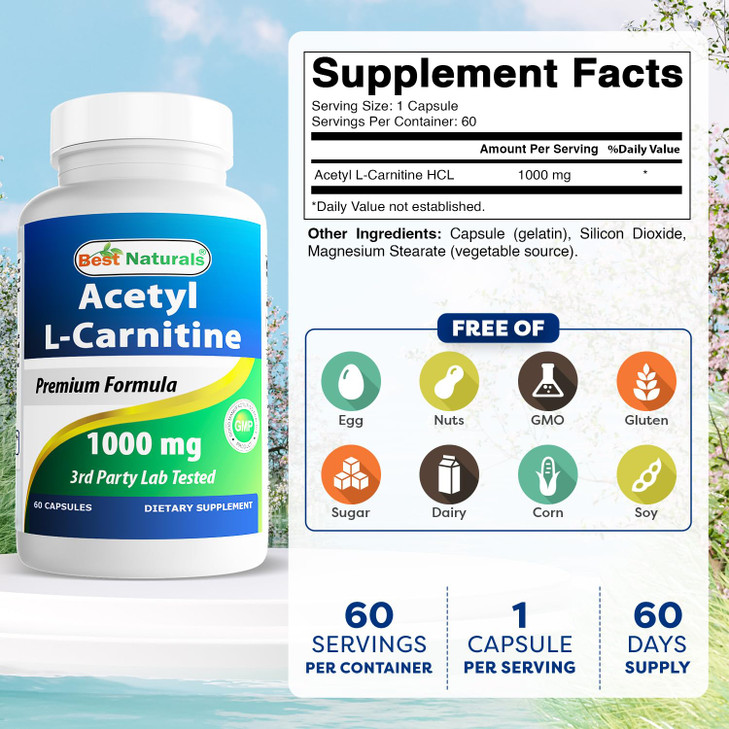 Best Naturals Acetyl L-Carnitine 1000mg Capsule, 60 Count