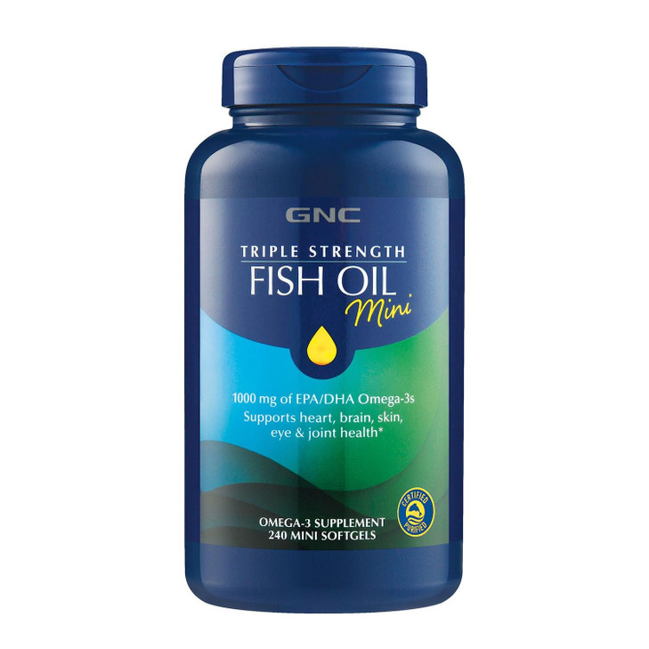 GNC Triple Strength Fish Oil Mini Omega 3 Supplement, 1000mg EPA and DHA, Supports Heart, Brain, Skin, Eye and Joint Health, 240 Mini Softgels