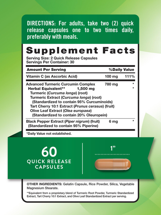 Nature's Truth Turmeric Curcumin 1500 mg | 60 Capsules | with Black Pepper Extract, Olive Leaf & Tart Cherry | Non-GMO & Gluten Free Supplement
