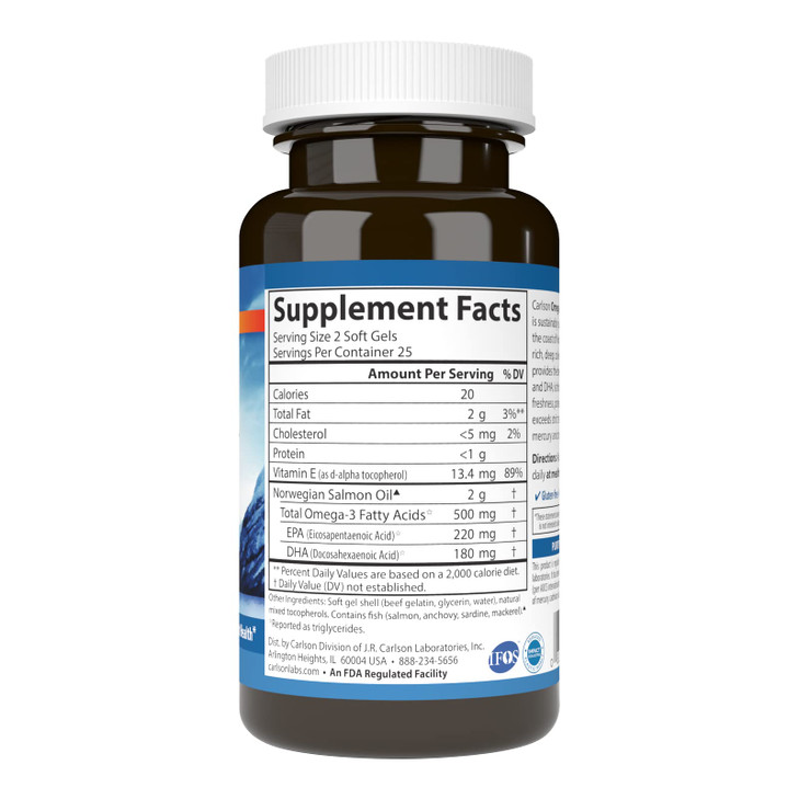 Carlson Salmon Oil, 500mg Omega-3s, Wild-Caught Norwegian Fish Oil, Sustainably Sourced, 50 Softgels