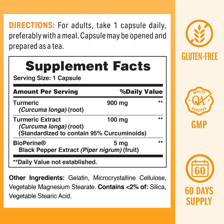 Vitamin World Turmeric Curcumin 1000mg, BioPerine Black Pepper Extract for Better Absorption, 95% Curcuminoids, Turmeric Supplement for Antioxidant &