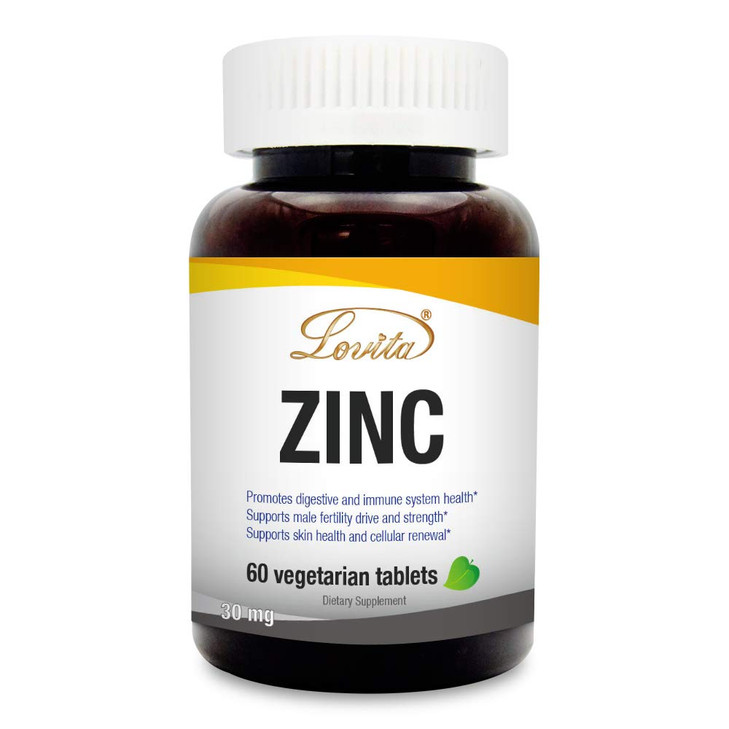 Lovita Zinc 30mg | Well-Absorbed Chelated Zinc Supplements for Men & Women | Vegan, Non GMO, for Immune Support & Healthy Skin | Gluten Free | 60 Tab