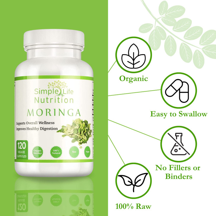 Simple Life Nutrition Organic Moringa Powder Capsules - Vegan Non GMO Oleifera Leaf Extract