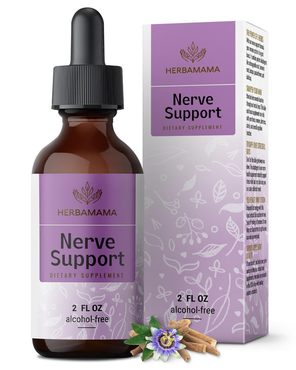 HERBAMAMA Nerve Support Supplement - Vegan Nerve Support Formula with Ashwagandha & Bacopa Monnieri for Brain - Non-GMO, Alcohol & Sugar-Free Daily C