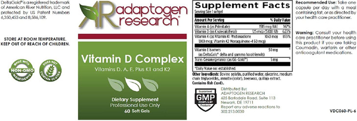 Adaptogen Research Vitamin D Complex | D3 5000IU with Vitamin A, E (tocopherols and tocotrienols), K1 + K2 | Fat Soluble Vitamins Blend | 60 Softgels