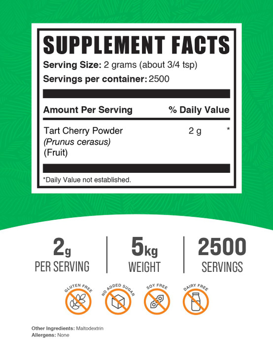 BulkSupplements.com Tart Cherry Powder - Fruit Powder, Tart Cherry Supplements - Antioxidant Source, Gluten Free & No Added Sugar, 2g per Serving, 25