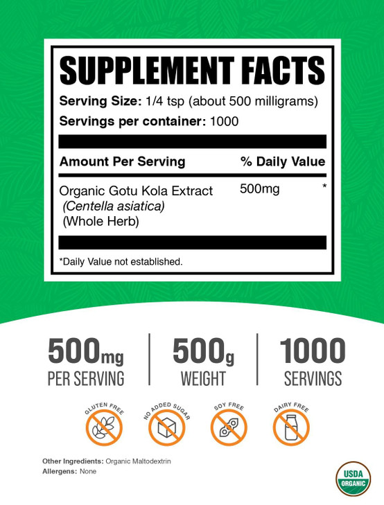 BulkSupplements.com Organic Gotu Kola Extract Powder - Gotu Kola Powder from Centella Asiatica Herb - Gluten Free, 500mg per Serving, 500g (1.1 lbs)