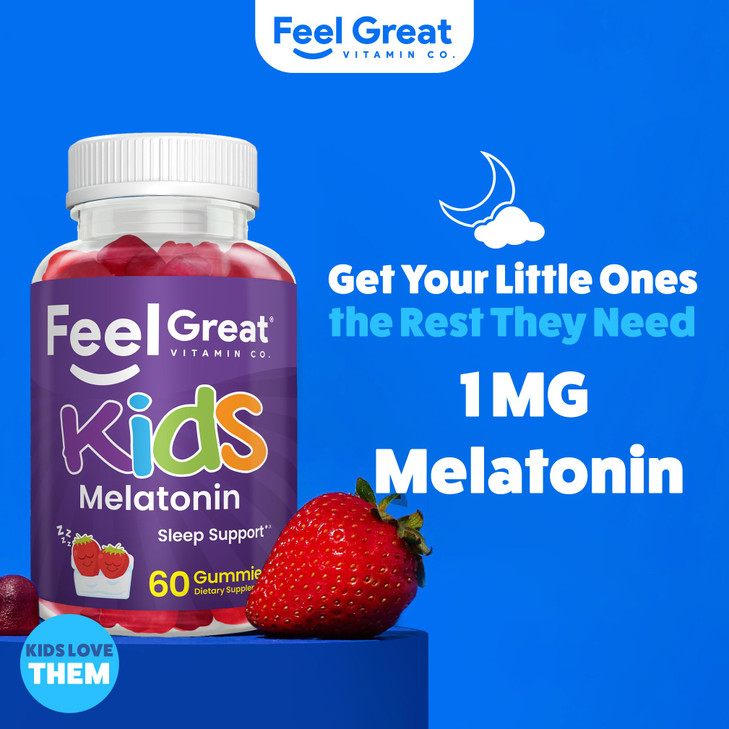 Feel Great Kids Melatonin Gummy | Strawberry Flavored Melatonin Gummies Kids | 1 MG of Melatonin Sleep Aid for Kids | Vegan Gummies | 60 Day Supply