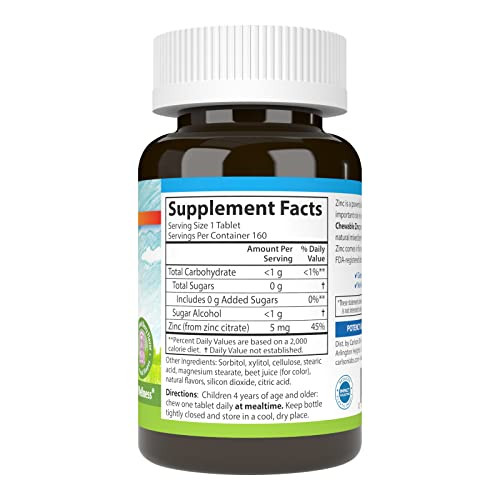 Carlson - Kid's Chewable Zinc, 5 mg, Health Support, Natural Mixed Berry Flavor, 160 Tablets