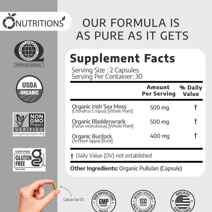 Sea Moss -USDA Certified Organic Irish Sea Moss Capsules with Bladderwrack & Burdock Root  Immune Support Supplement for Men and Women Womens Vitam