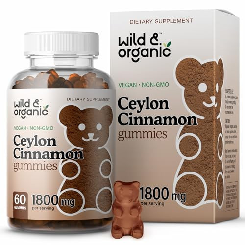 Wild & Organic Ceylon Cinnamon Gummies 1800mg - Antioxidants Support w/Cinnamon, Turmeric Root, Ginger - 60 Vegan, Non-GMO Chews