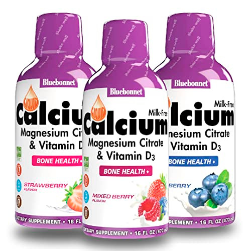 Bluebonnet Nutrition Liquid Calcium Citrate Magnesium Citrate, Vitamin D3 - Bundle of Blueberry, Strawberry and Mix Berry Flavor, 3 Bottle of 16 Fl O