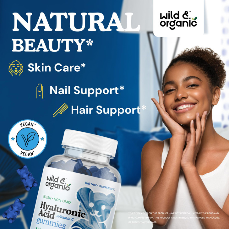 Wild & Organic Hyaluronic Acid Gummies 250mg - Pure Hyaluronic Acid Supplements - Hair Skin and Nails Gummies w/HA Powder - Skin Supplement w/Vitamin